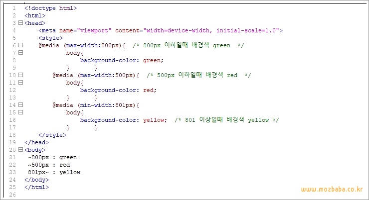 css media query 반응형 기본태그